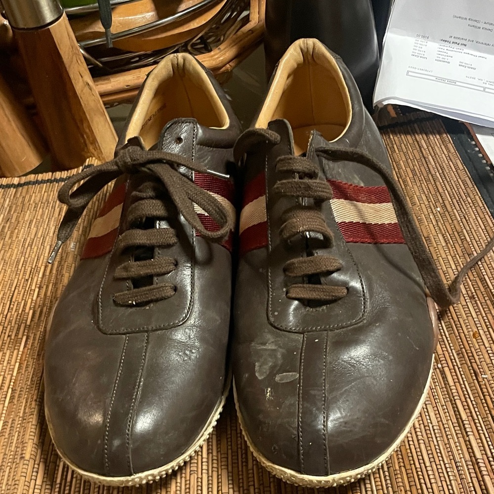 Bally Frenz Dark Brown Sneakers with Red and White Stripes - Size 8